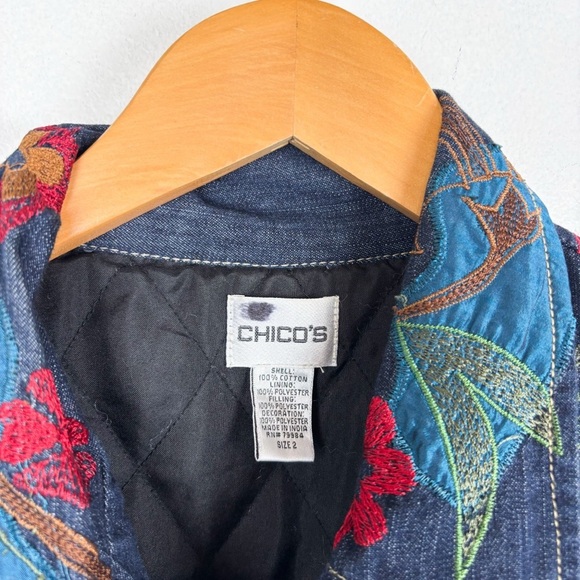 Vintage Y2K 90s Chico’s Eclectic Embroidered Patchwork Denim Jacket Sz 2 (US L) - Picture 5 of 11